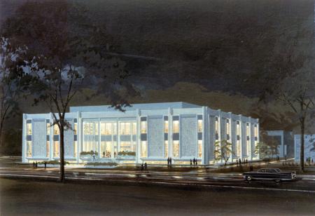 Spahr Library at night, architect's rendering, 1965