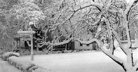 Robert A. Waidner Admissions Building in the snow, c.1980