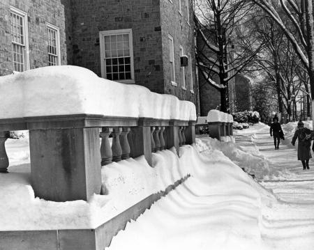 Althouse Hall entrance covered in snow, c.1970