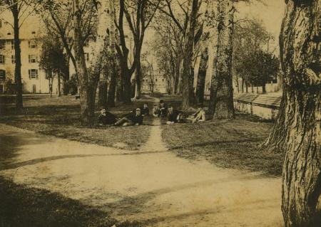 Students sitting in Lovers' Lane, c.1890