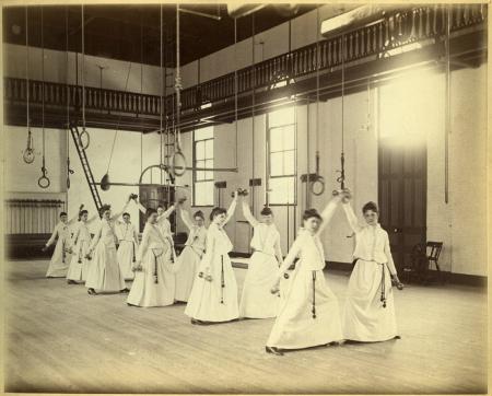 Physical education class for women, 1888