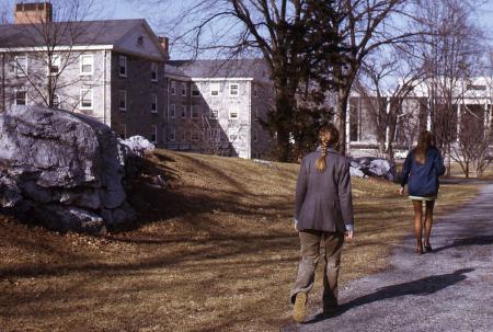 Students walking through Morgan Field, 1973