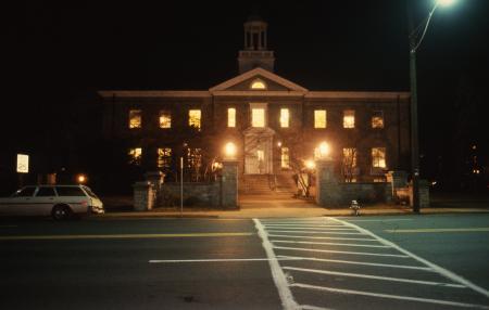 Alumni Gymnasium at night, c.1980