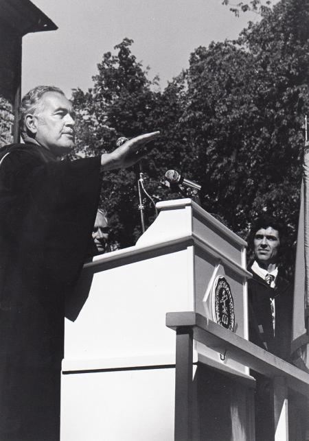 Father Theodore Hesburgh at Commencement, 1977