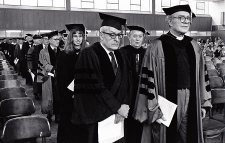 President Rubendall and Priscilla Laws at Convocation, 1973