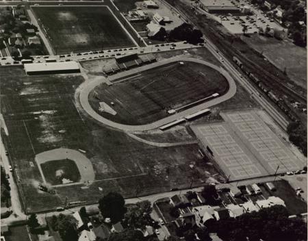 Aerial view of Biddle Field, c.1975