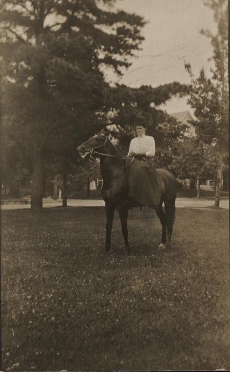 Zatae Longsdorff on horseback., c.1920