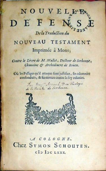 Nouvelle Défense De la Traduction du Nouveau Testament Imprimée à Mons