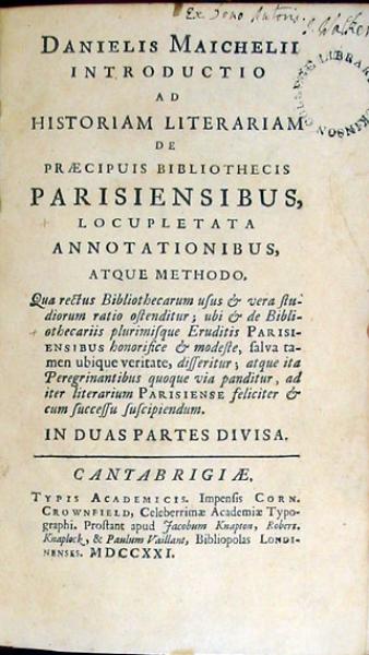 Introductio Ad Historiam Literariam De Praecipuis Bibliothecis Parisiensibus