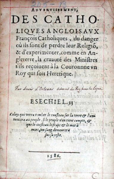 Advertissement, Des Catholiqves Anglois Avx François Catholiques...