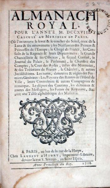 Almanach Royal, Pour l'Année M.DCCXVIII