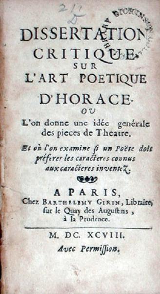Dissertation Critique Sur L'Art Poetique D'Horace. Ou L'on donne une idée...