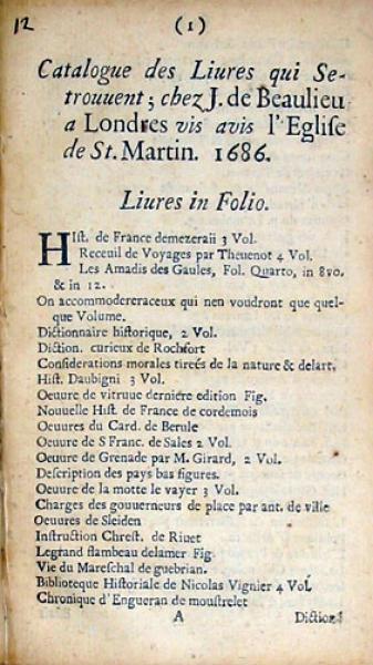 Catalogue des Liures qui Se-trouuent; chez J. de Beaulieu