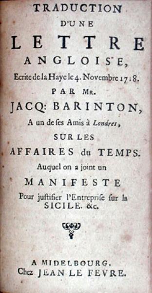 Traduction D'une Lettre Angloise, Ecrite de la Haye le 4. Novembre 1718...