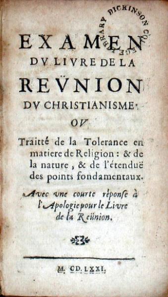 Examen Dv Livre De La Revnion Dv Christianisme. Ov Traitté...