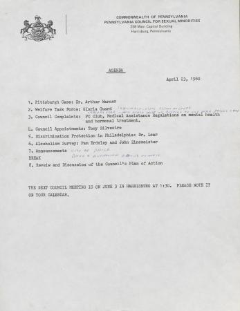 Governor's Council for Sexual Minorities Meeting Agenda - April 23, 1980