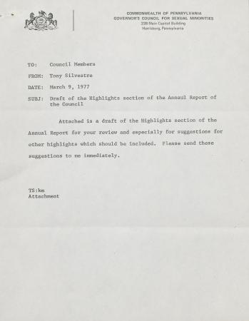 Governor's Council for Sexual Minorities ''Highlights of the Year'' Draft - March 9, 1977