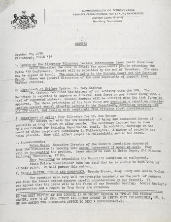 Governor's Council for Sexual Minorities Meeting Minutes - October 20, 1979