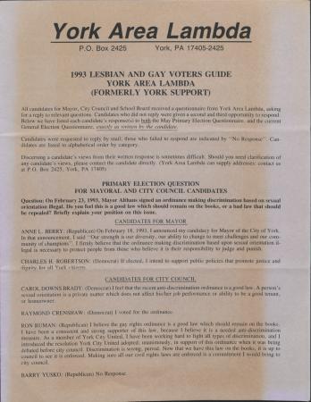 York Area LAMBDA Lesbian and Gay Voters Guide - 1993