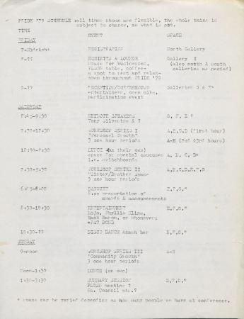 Pride '79 Schedule (draft) - October 19 - 21, 1979