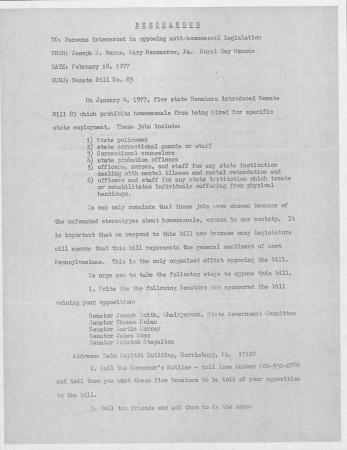 PA Rural Gay Caucus Memo - February 18, 1977