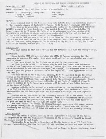 PA Rural Gay Caucus Legislative Committee Minutes - May 22, 1976