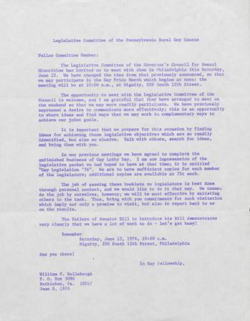 PA Rural Gay Caucus Memo - June 8, 1976