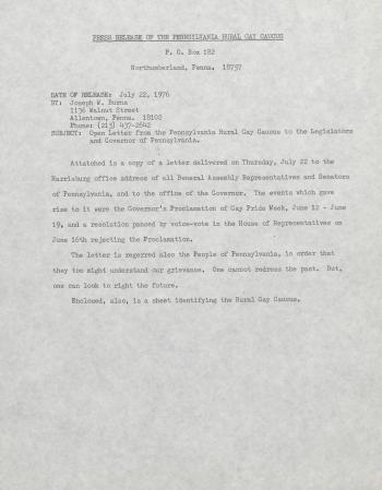 PA Rural Gay Caucus Press Release - July 22, 1976