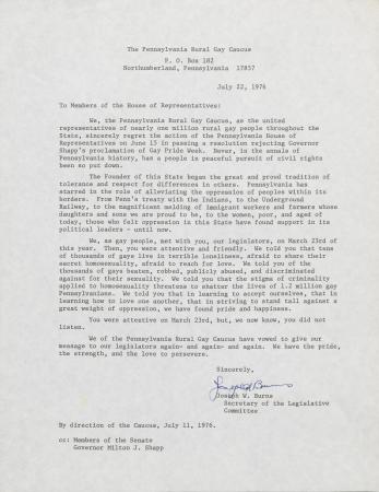 PA Rural Gay Caucus Letter - July 22, 1976