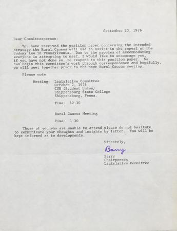 PA Rural Gay Caucus Letter - September 20, 1976