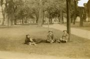 Sigma Alpha Epsilon brothers sit on Academic quad, c.1910