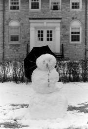 Snowman in front of South College, 1990