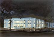 Spahr Library at night, architect's rendering, 1965