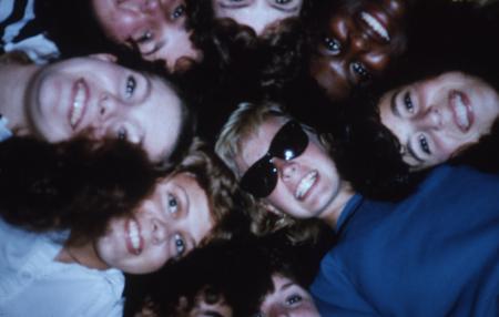 Friends smile for a photo, c.1986