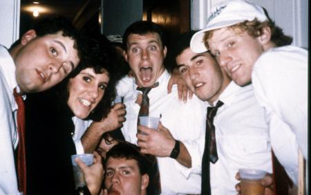 Friends pose together at a party, c.1990