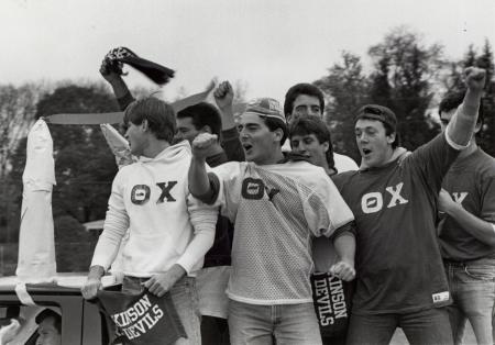 Theta Chi brothers celebrate, 1981