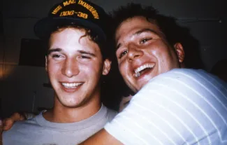 Two friends smile, c.1987