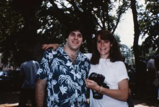 Two friends smile, c.1987