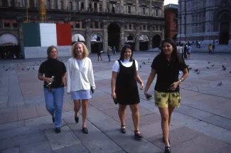 Four students at the Piazza Maggiore, 1996