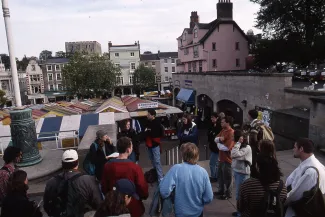 Students outside Norwich Market, 1995