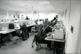 Students study in the HUB Micro Room, 1990