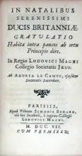 In Natalibus Serenissimi Ducis Britanniae. Gratulatio Habita intra paucos...